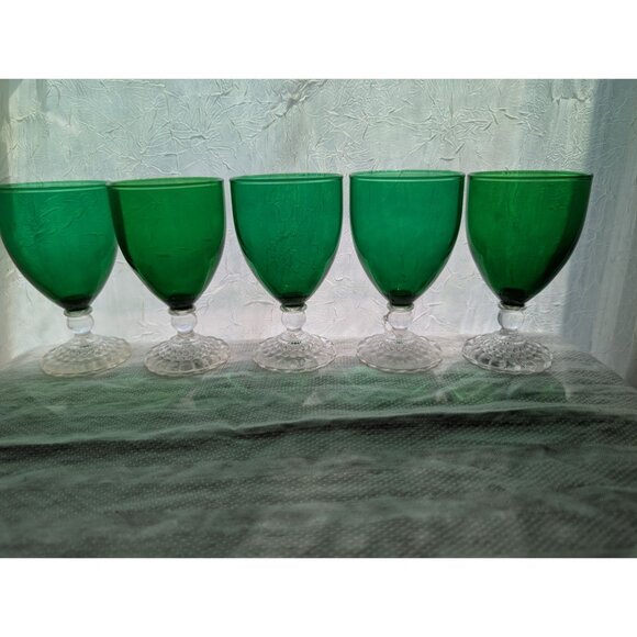 5 Vintage Anchor Hocking Bubble Foot Green Glass Goblets with Clear Stems - Picture 1 of 8